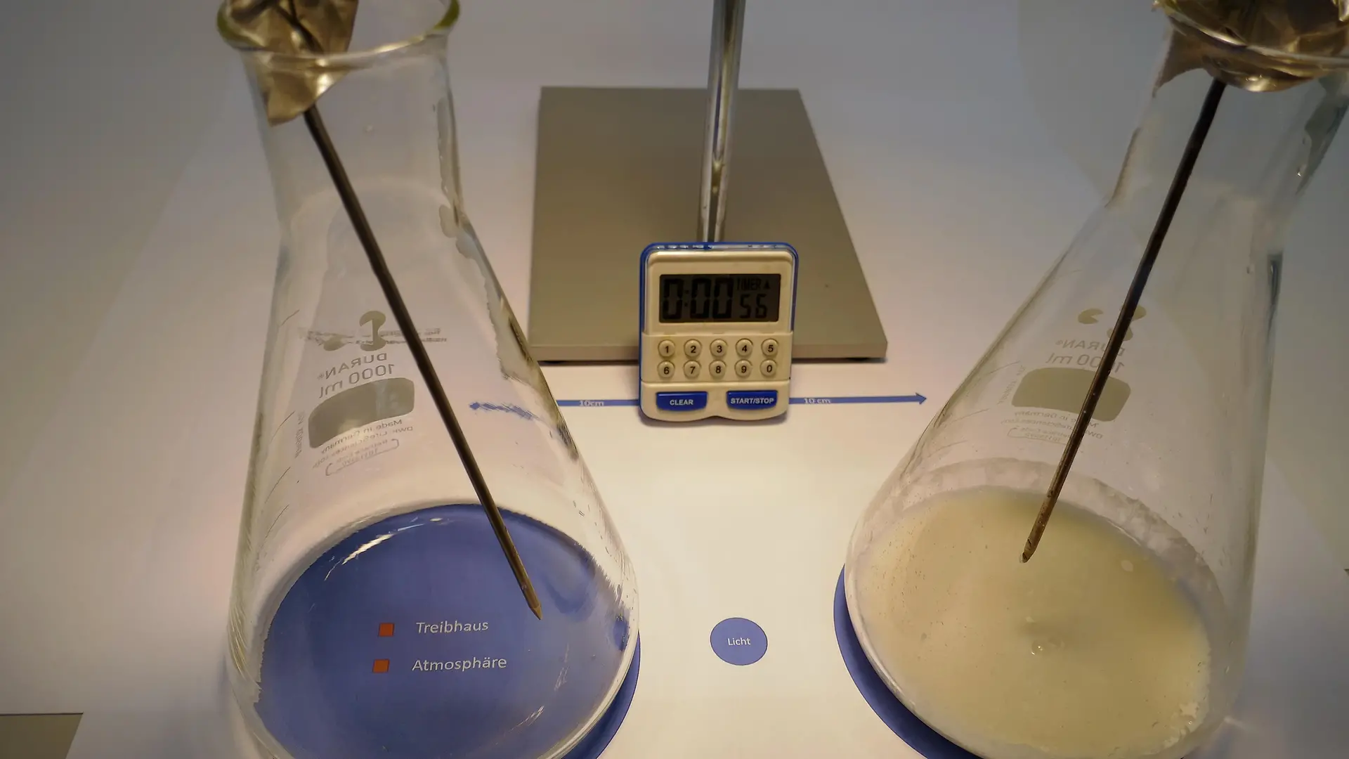 standın önünde iki Erlenmeyer şişesinin yakın çekim