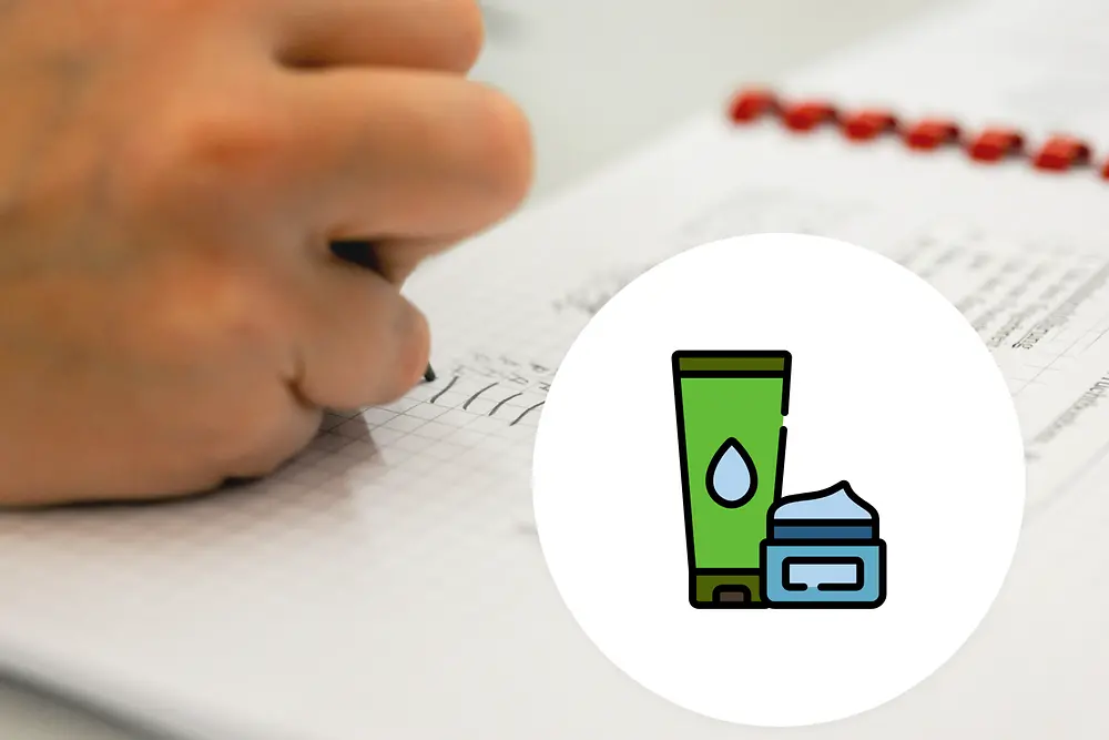 escritura a mano en un folleto con la figura gráfica chica sosteniendo un cartel con una botella cosmética y un símbolo de tubo delante